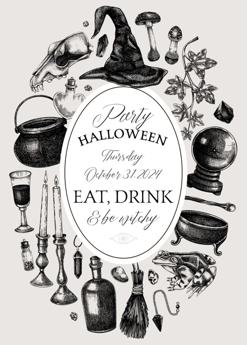 Witch party invitation design. Minimalist witchcraft frame, banner, flyer. Vinatge Halloween sketches. Hand-drawn vector illustration. NOT AI generated